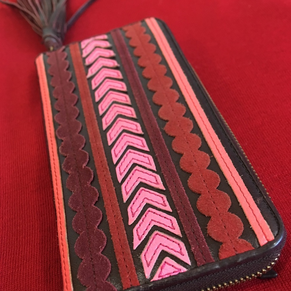 Fall Fossil Clutch Wallet Burgundy, Pink w/ Tassel